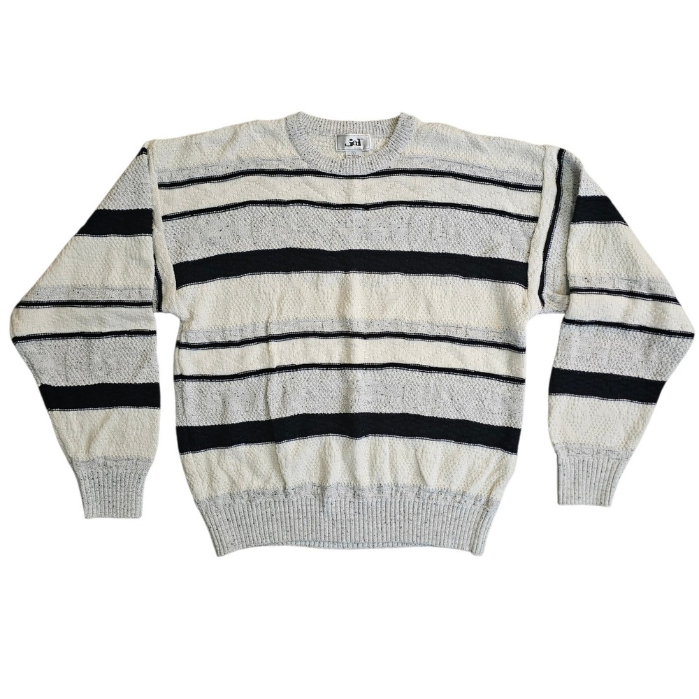 Vintage Jed Mens L Striped Crewneck Sweater Marled Knit Cream Grey Navy Grandpa